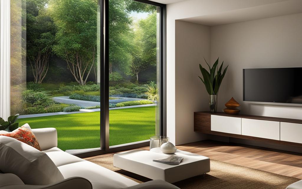 Sala de Estar con ventanales de Corredera de termopanel que dan hacia el jardín