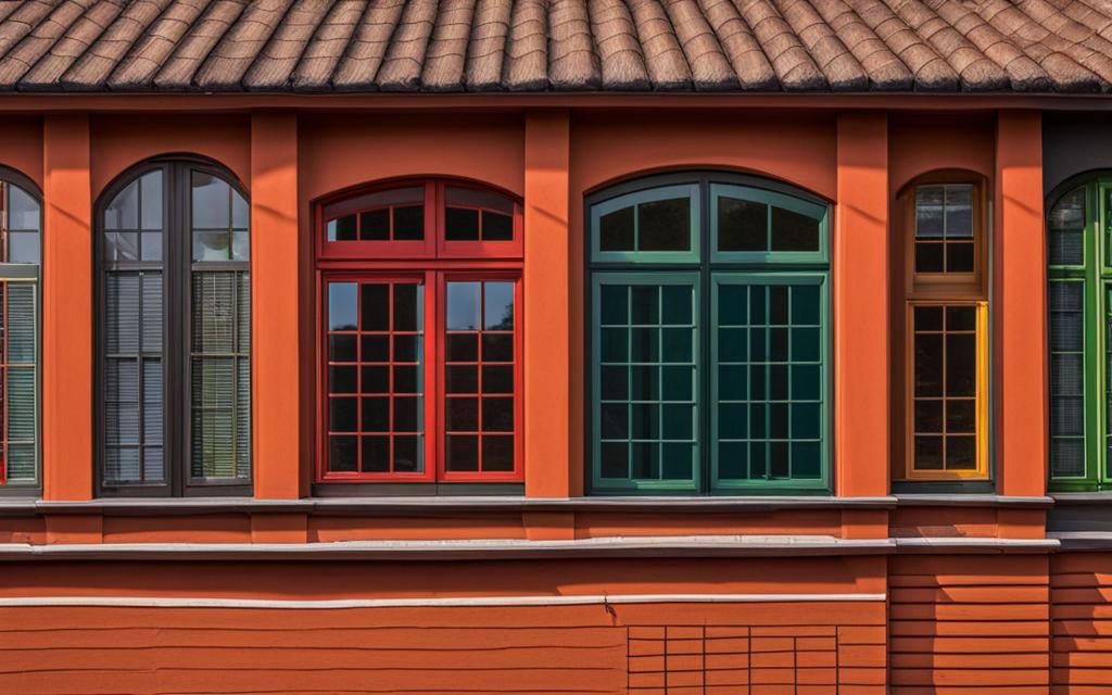 Fachada color naranjo con ventans de eficientes de termpanel con distintos colores en sus marcos