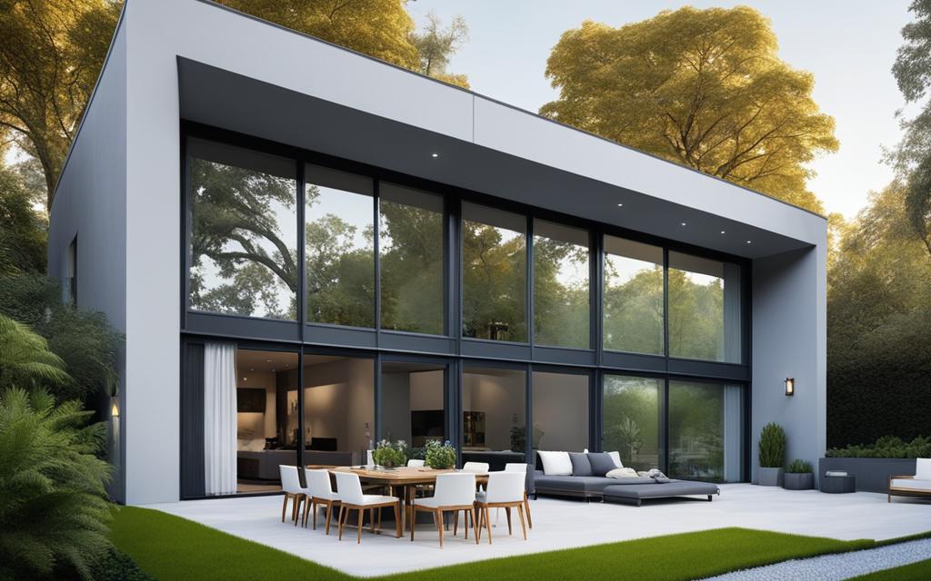 Exterior de casa moderna con ventanas de aislación térmica