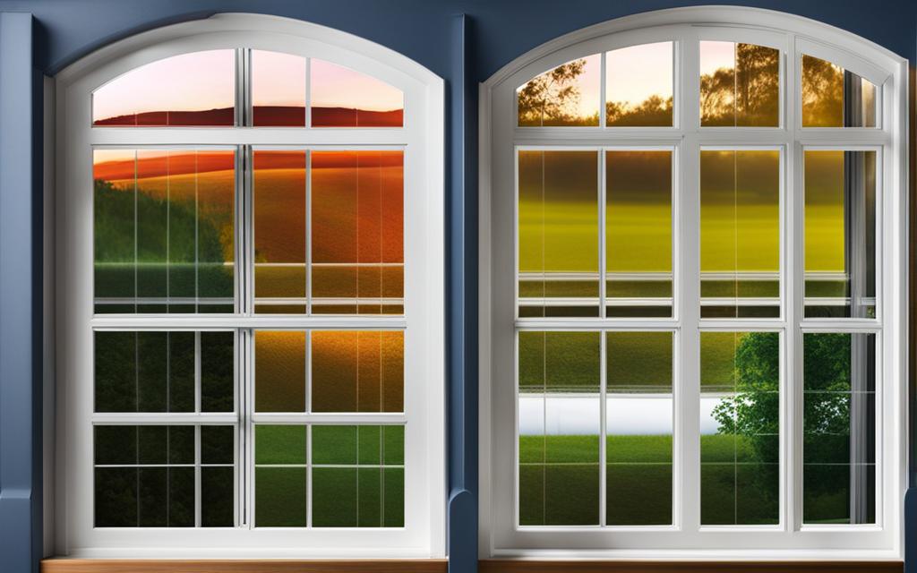 Ventanas Termopanel de PVC blanco reflejando colores otoñales del atardecer